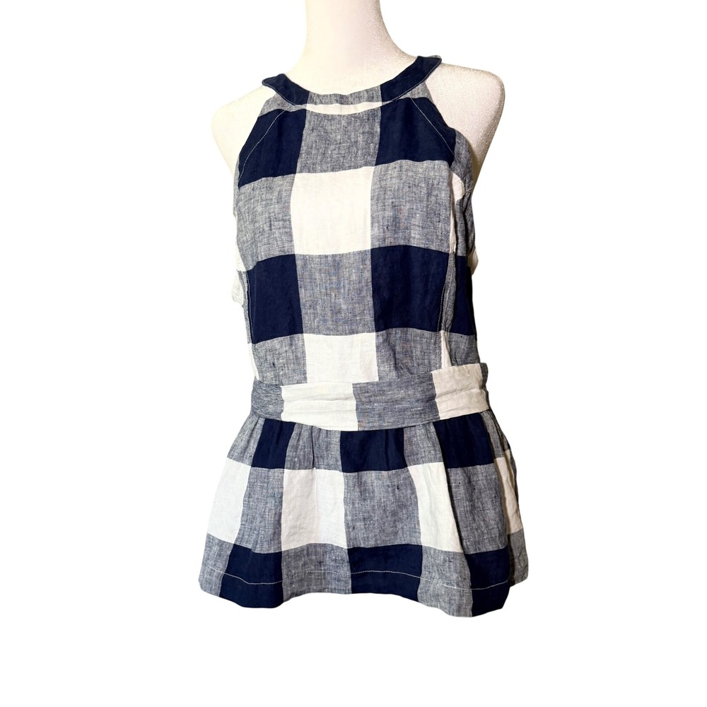 NWT Crown & Ivy Navy White Linen Gingham Halter Peplum Top Size 16 - Picture 1 of 9